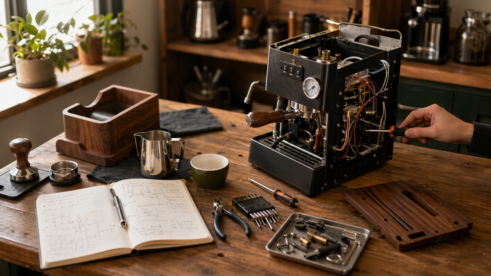 Home espresso workbench with coffee tools and notes