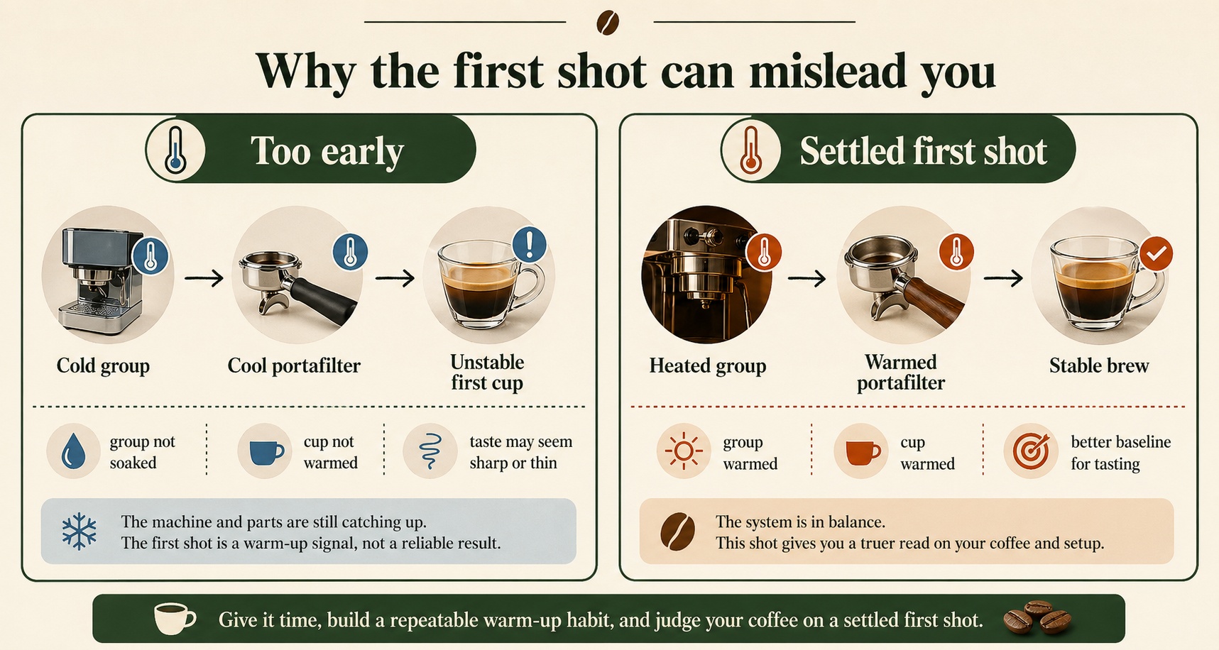 Illustration comparing cold first shot behavior with a settled machine routine