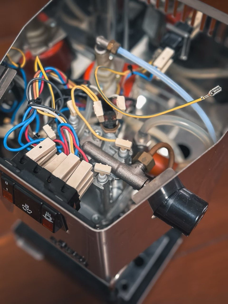 Top view of the boiler and internal layout of a Gaggia Classic Pro