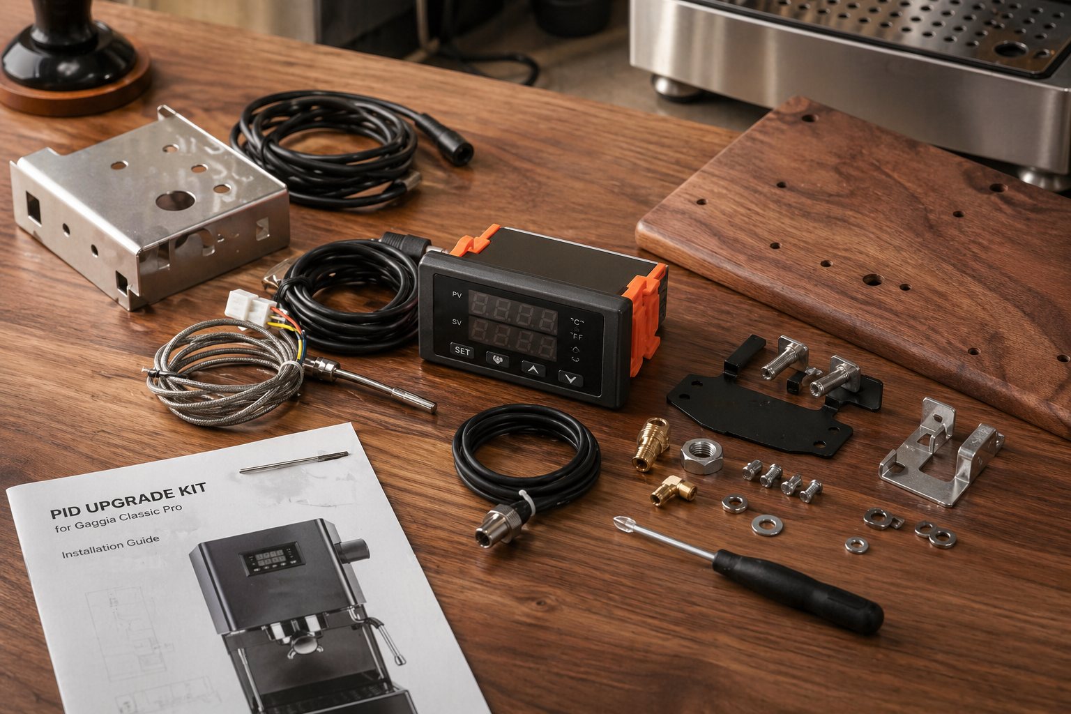 PID temperature control kit parts arranged on a workbench
