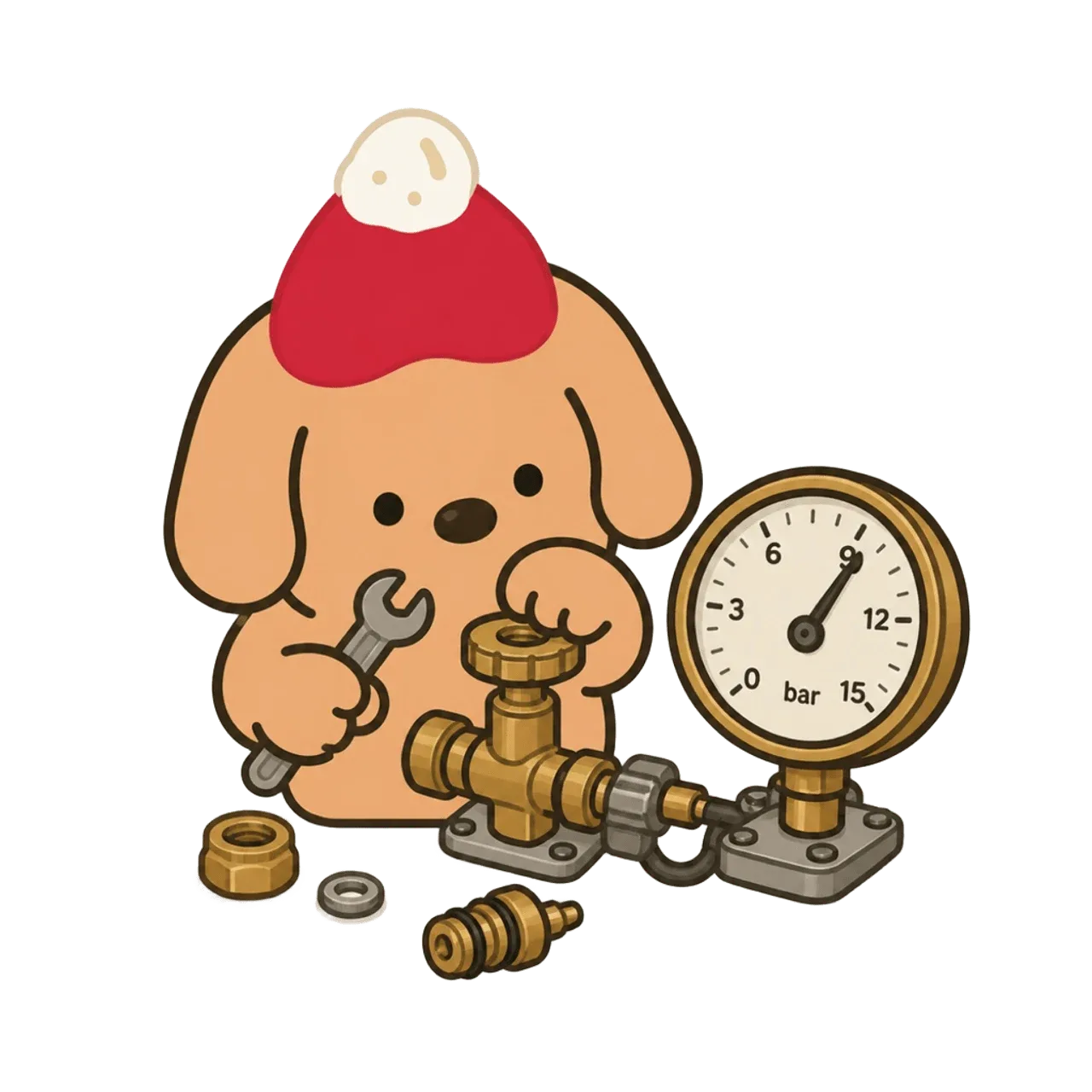 Coffee dog mascot reading a 9 bar pressure gauge for Gaggia Classic Pro OPV testing