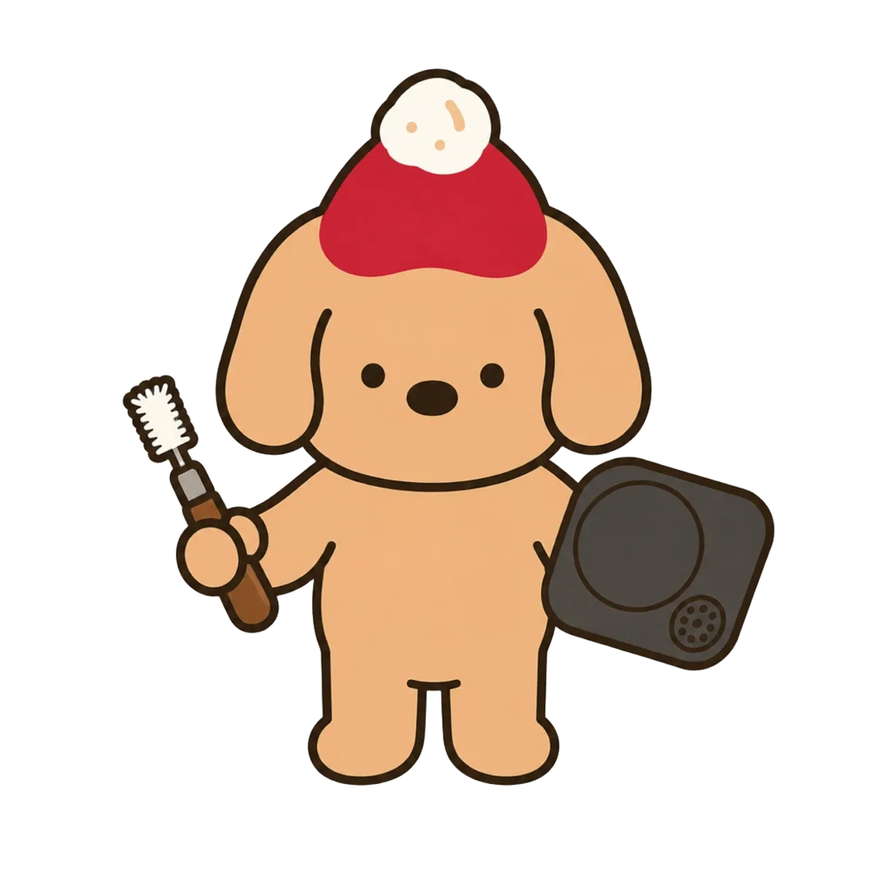 Coffee dog mascot with espresso cleaning brush for steam valve maintenance checks