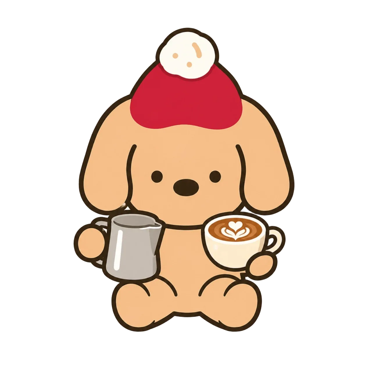 Coffee dog mascot holding a latte art cup after a Gaggia Classic milk drink workflow