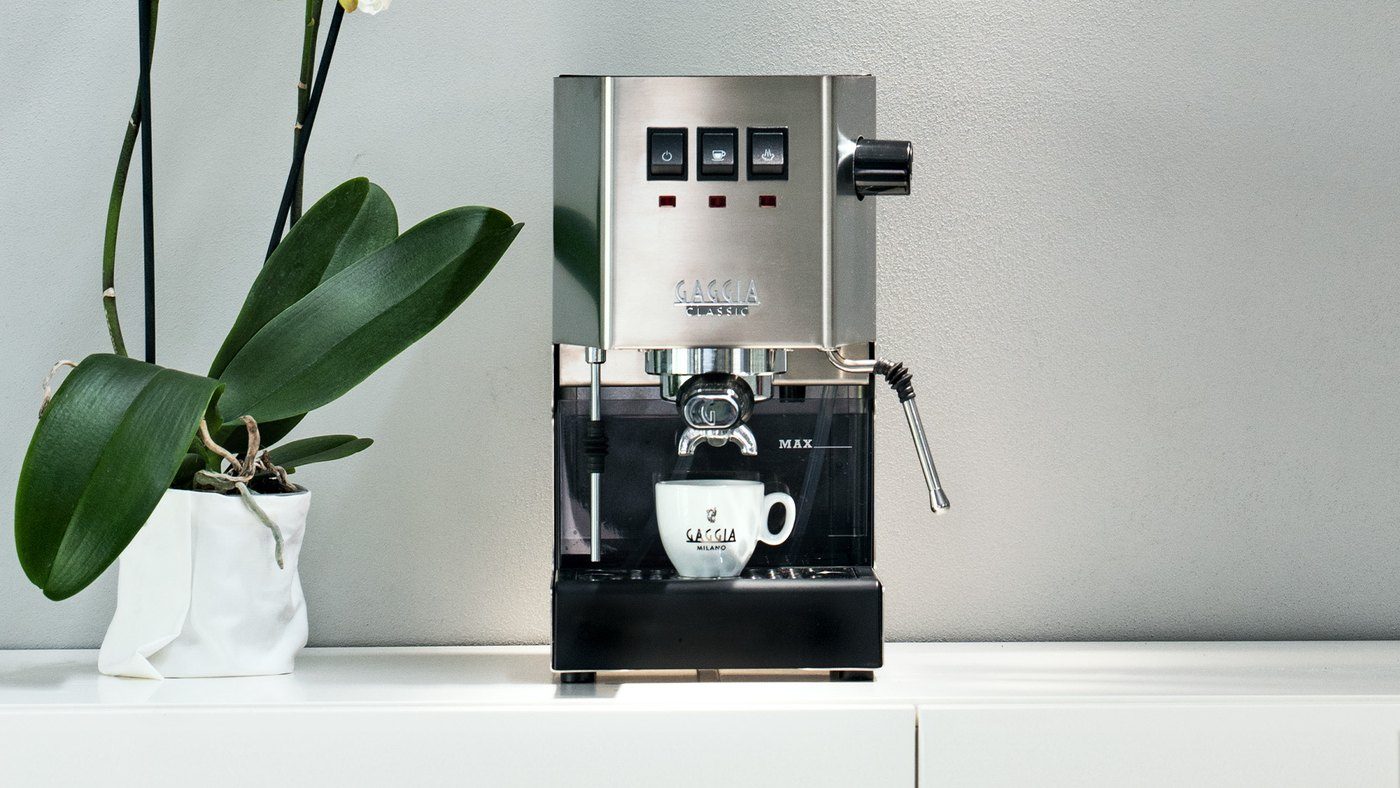Real Gaggia Classic E24 style machine setup before opening the case