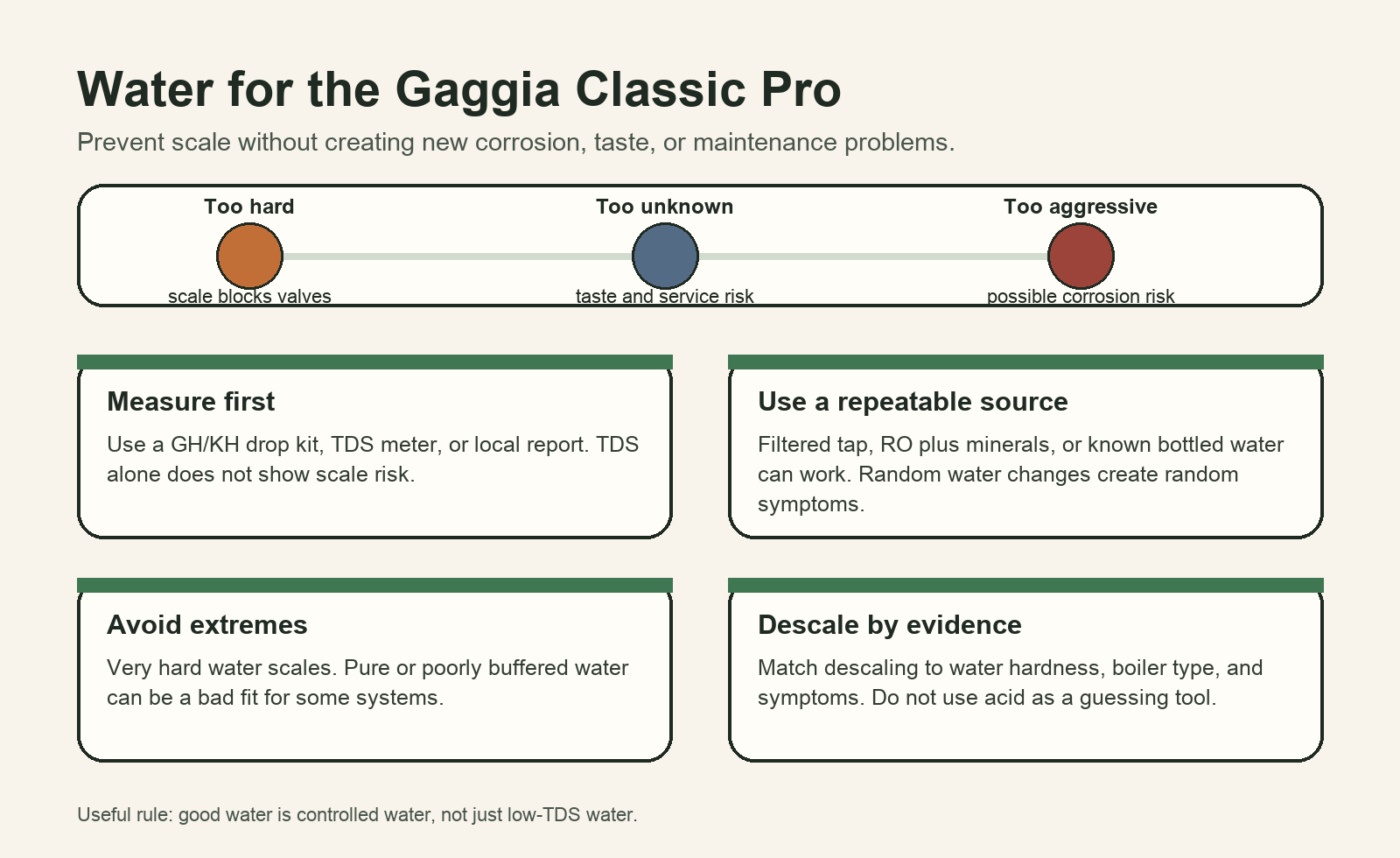 Water decision map for Gaggia Classic Pro scale, corrosion, and maintenance risk