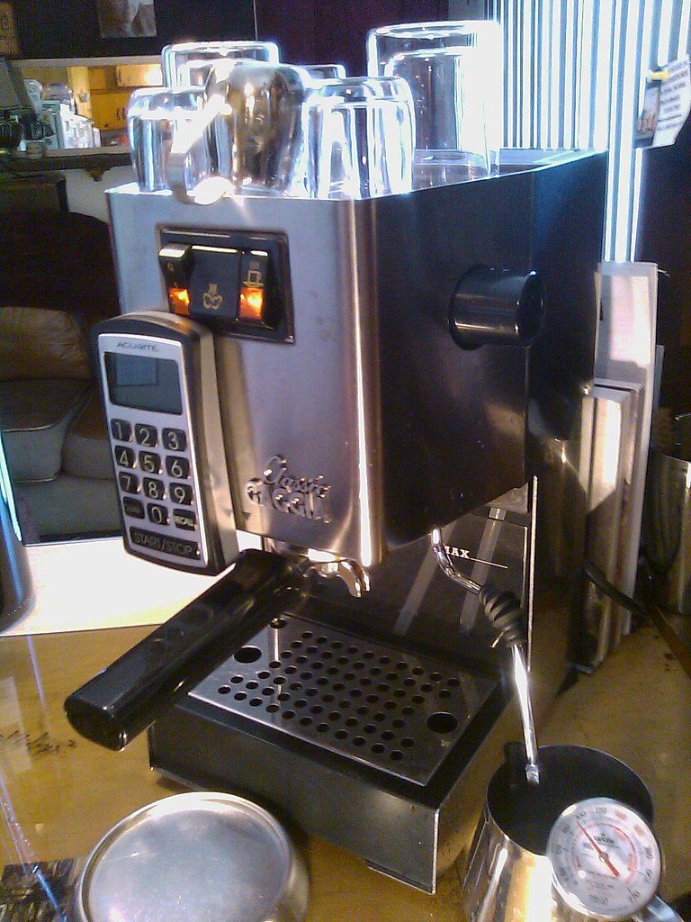 Real older Gaggia Classic machine with Silvia steam wand modification, useful for used-machine buyer context