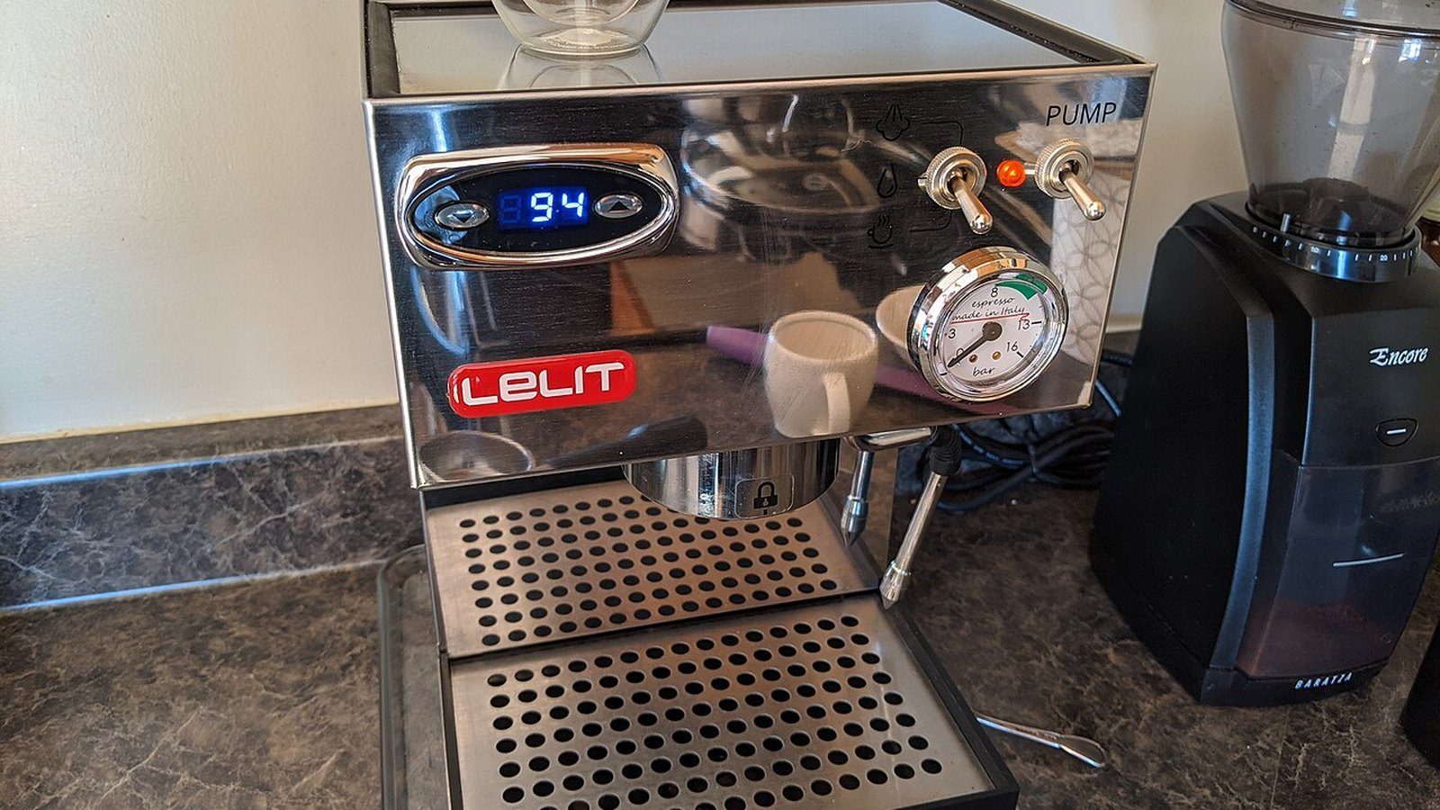 Espresso machine front panel with PID-style temperature display and pressure gauge