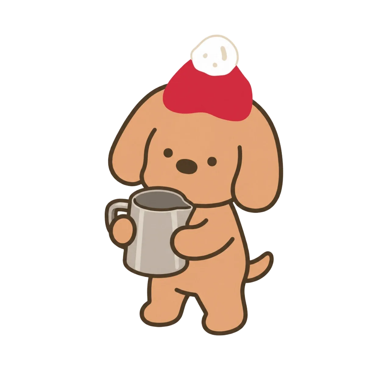 Coffee dog mascot holding a milk frothing pitcher for a Gaggia steaming workflow