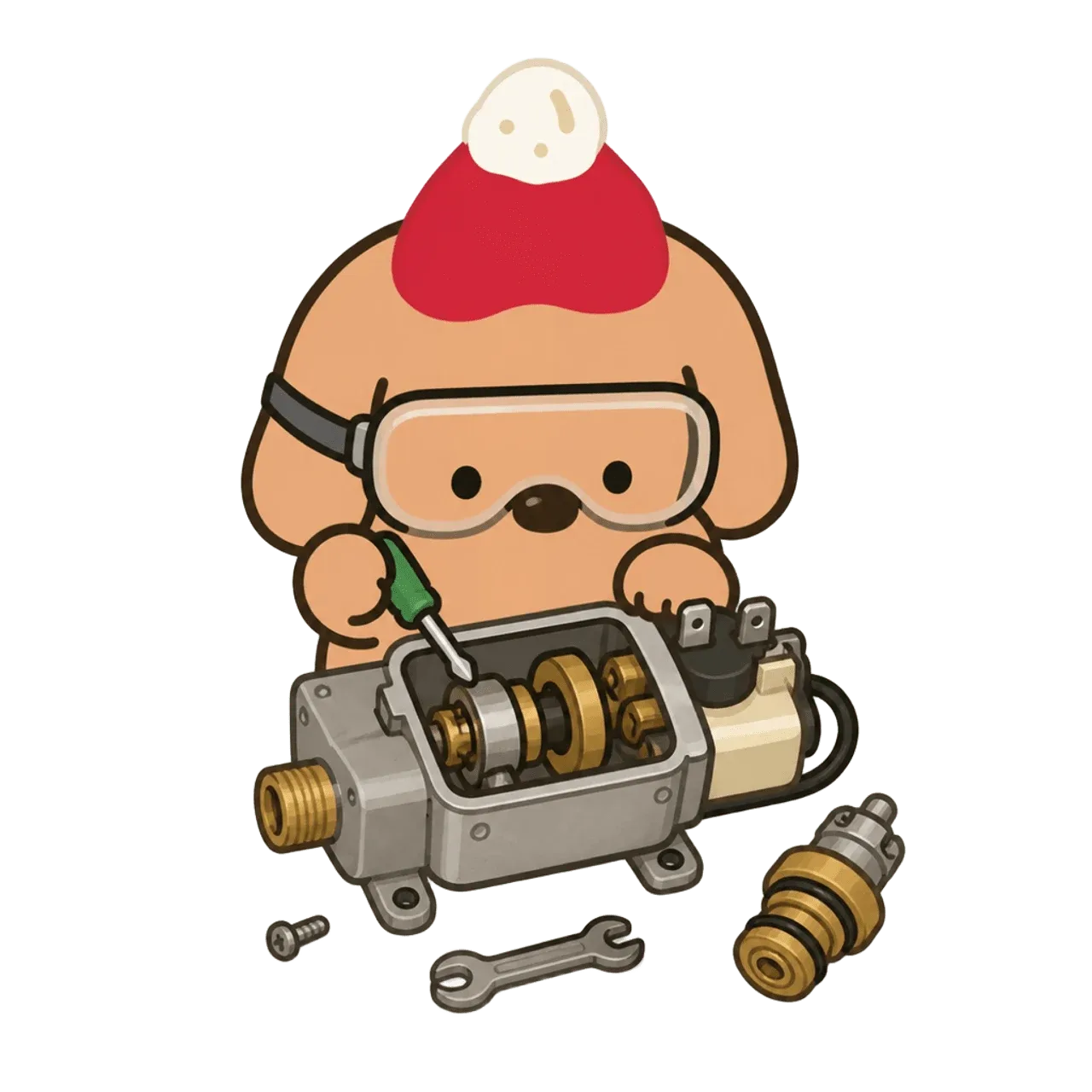 Coffee dog mascot inspecting water pump and valve parts for Gaggia Classic Pro flow troubleshooting