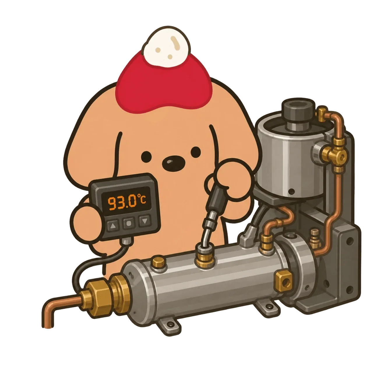 Coffee dog mascot holding a PID temperature controller beside espresso machine hardware