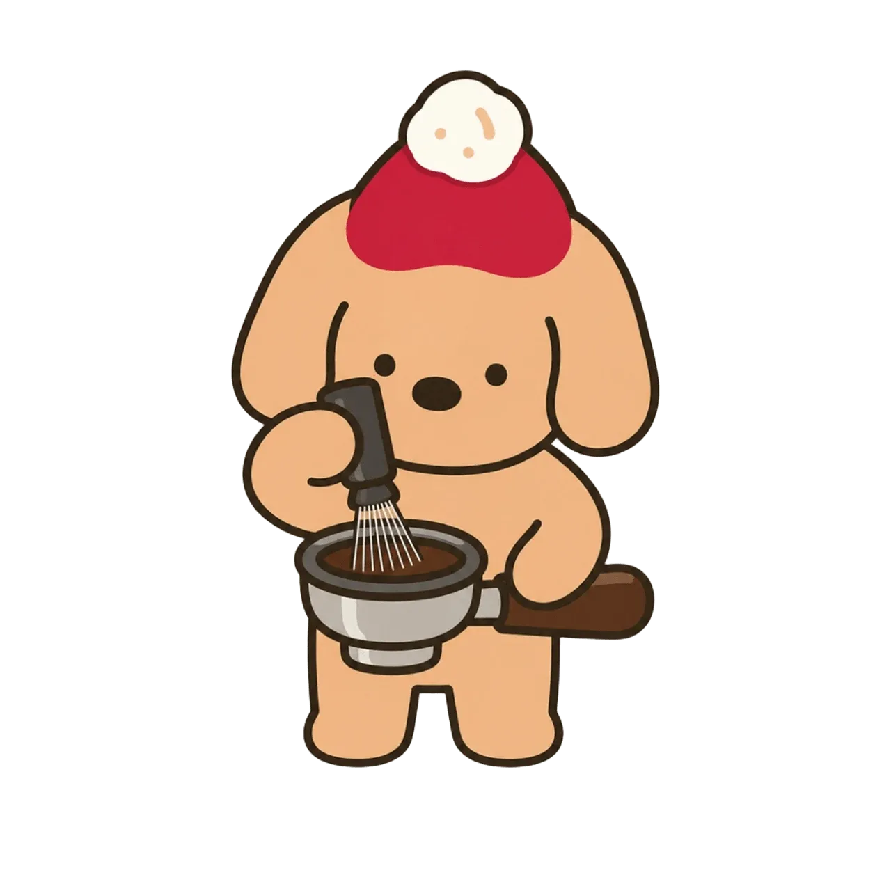 Coffee dog mascot using a portafilter whisk for espresso distribution
