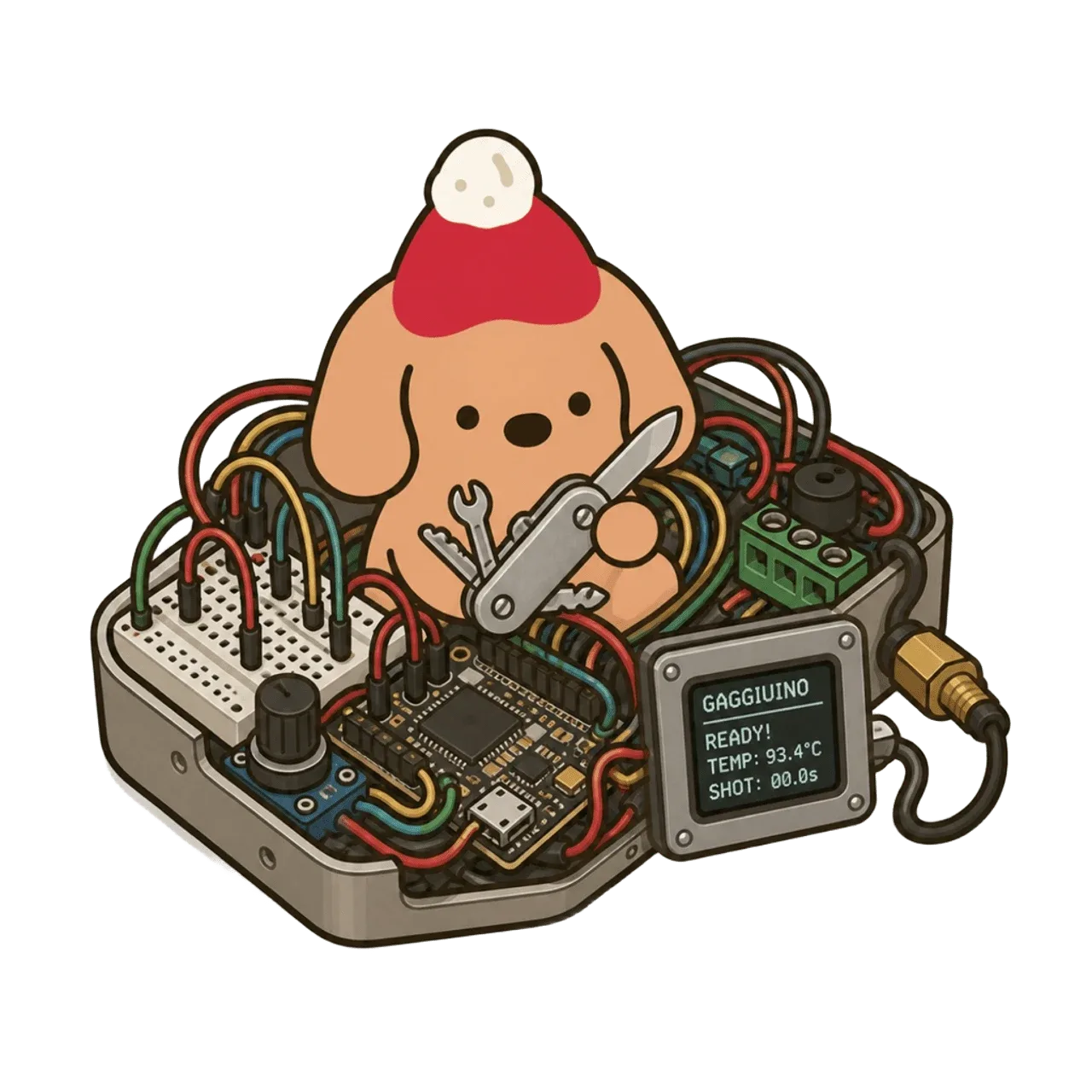 Coffee dog mascot working on an espresso machine control board, used to show that advanced control should come after basics