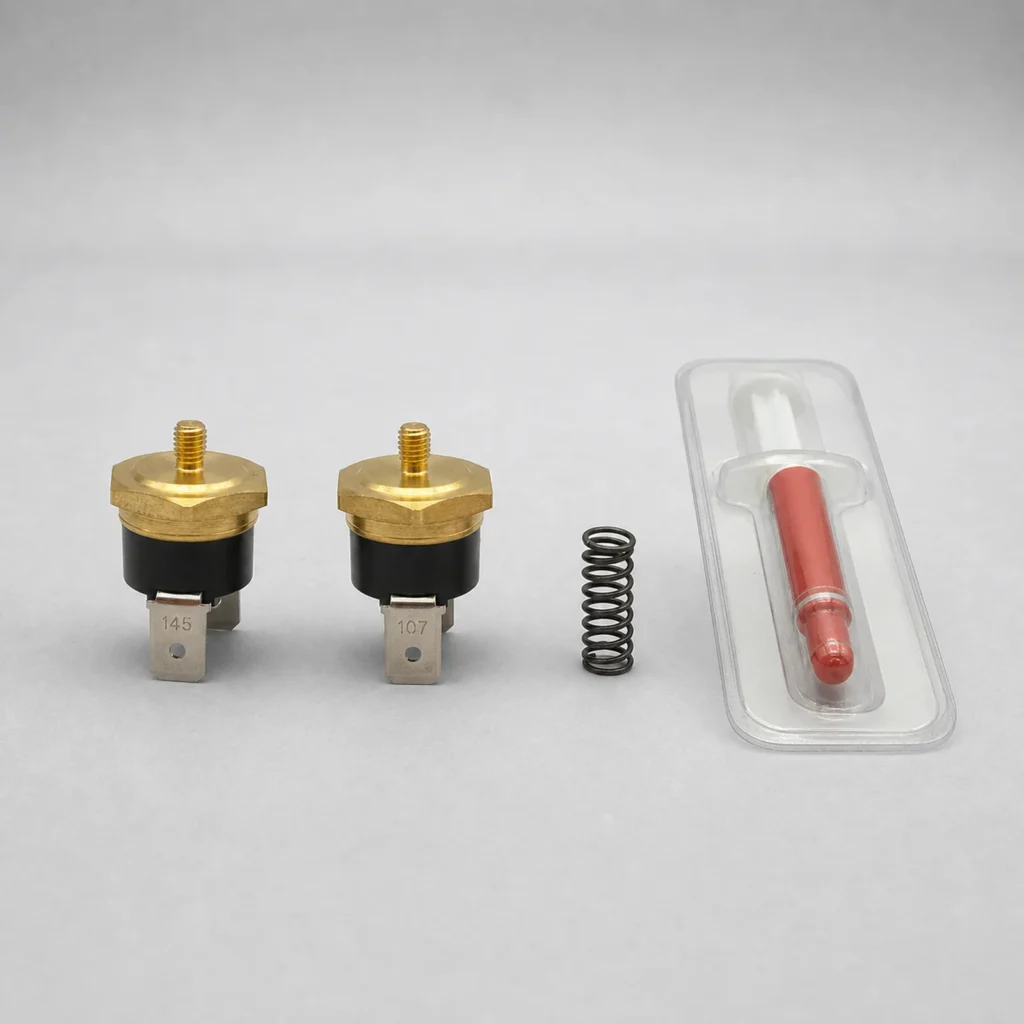 Gaggia thermostat kit with 107 degree and 145 degree thermostats, spring, and thermal grease