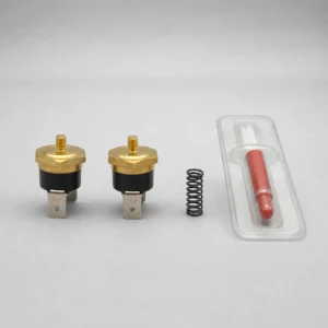 Gaggia thermostat kit with 107 degree and 145 degree thermostats, spring, and thermal grease