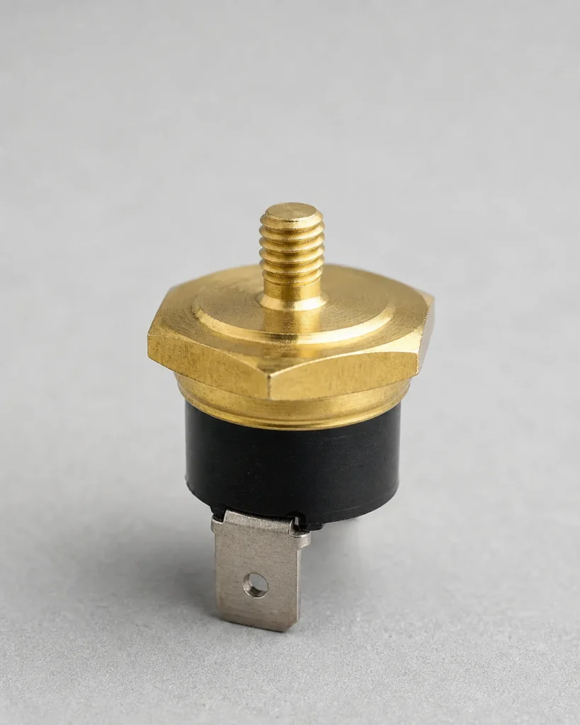 Close view of the M4 brass mounting thread on a Gaggia thermostat