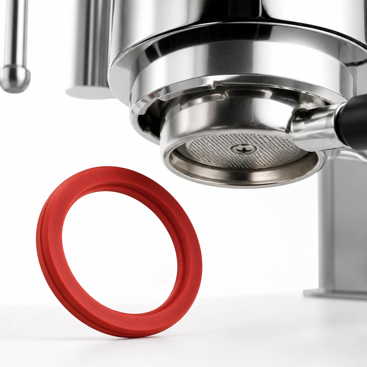 Red silicone gasket next to an E61 group head for compatibility reference