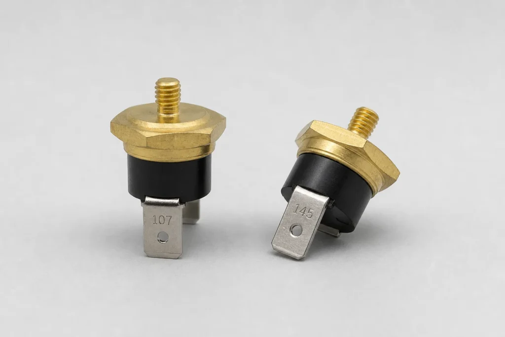 Two Gaggia thermostats showing their M4 threads, brass bodies, terminals, and temperature stamps