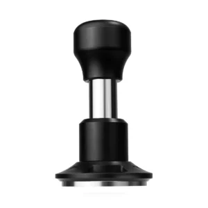 Black spring-loaded espresso tamper, front view