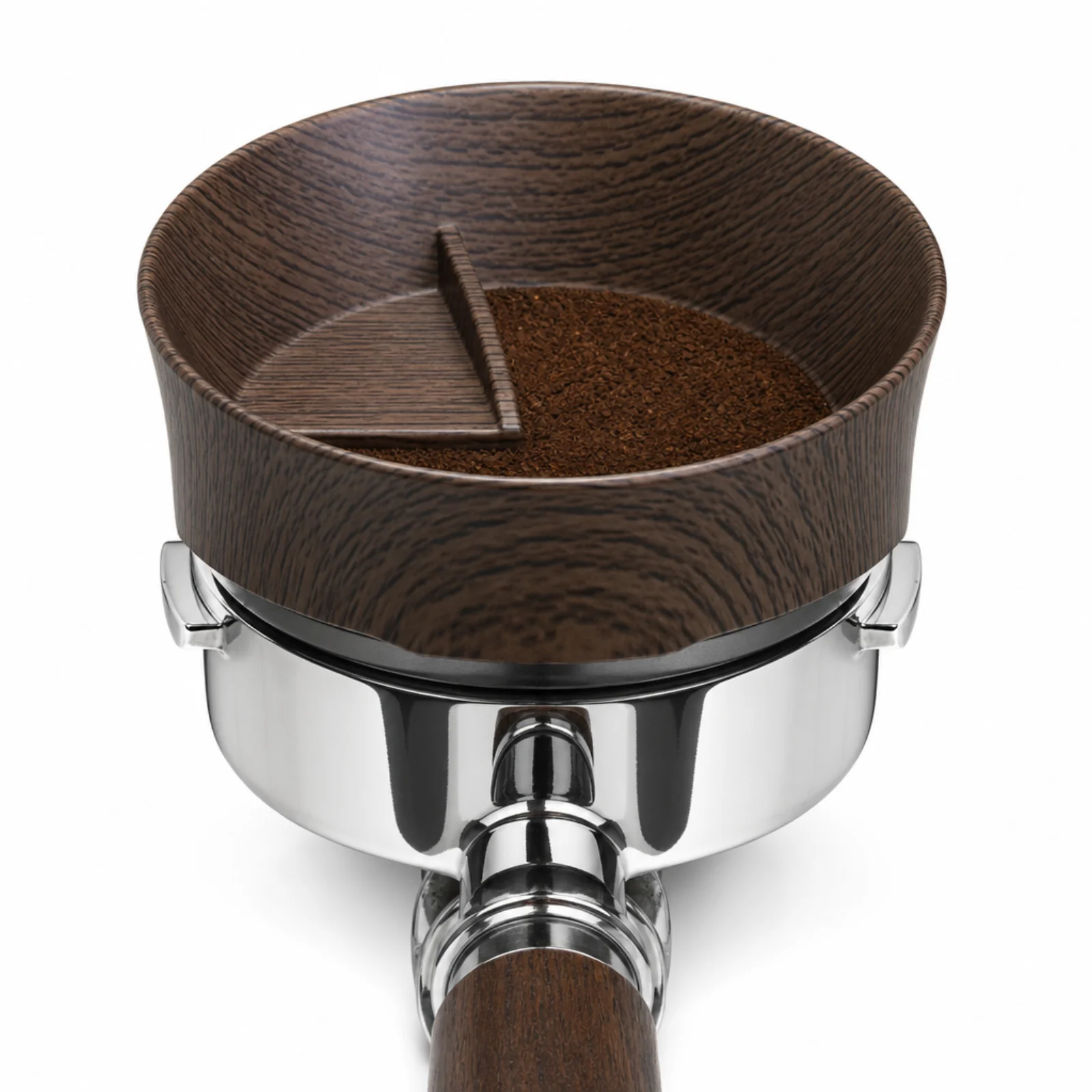 Bincoo magnetic distributor funnel sitting on an espresso portafilter basket