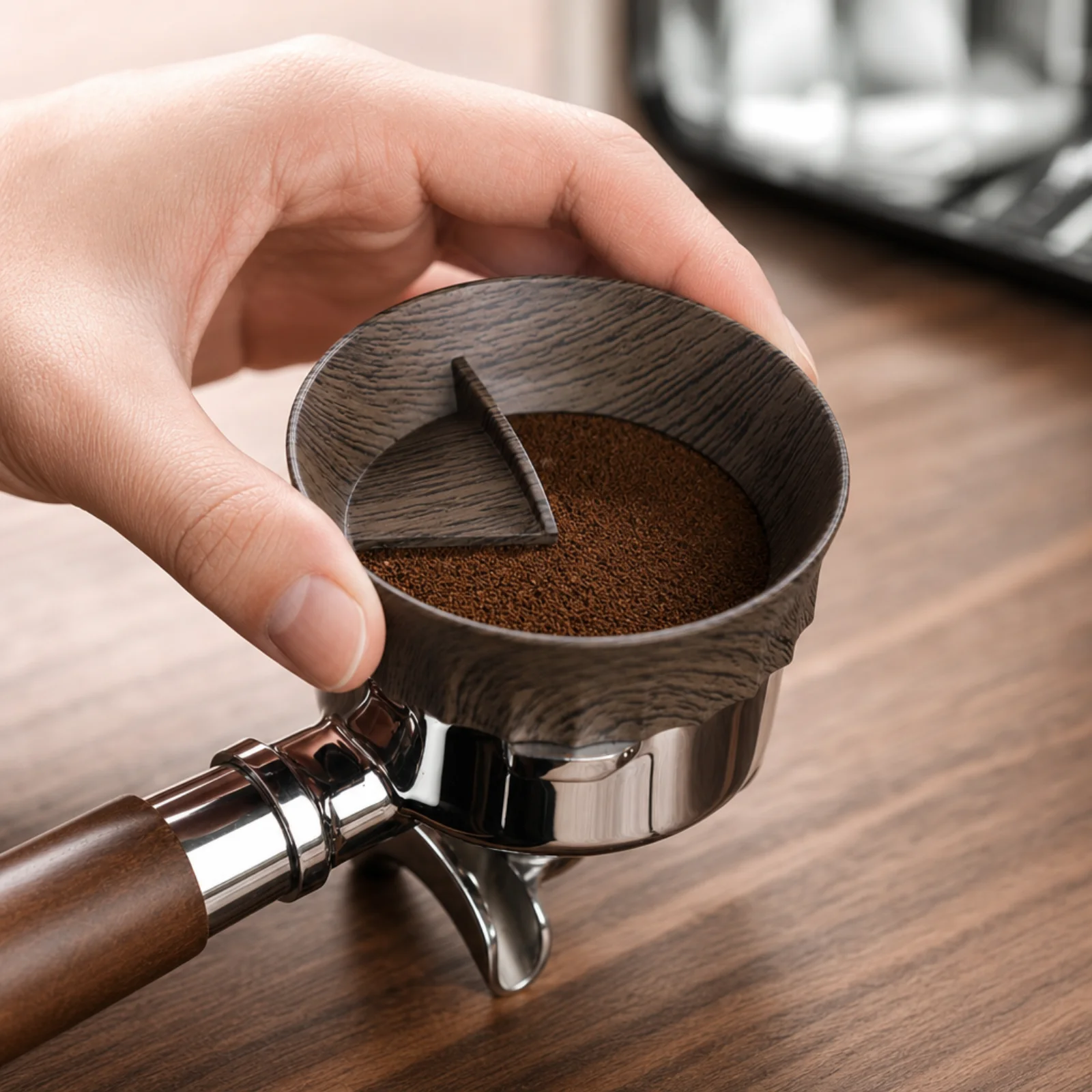Bincoo magnetic distributor in use over ground coffee in a bottomless portafilter