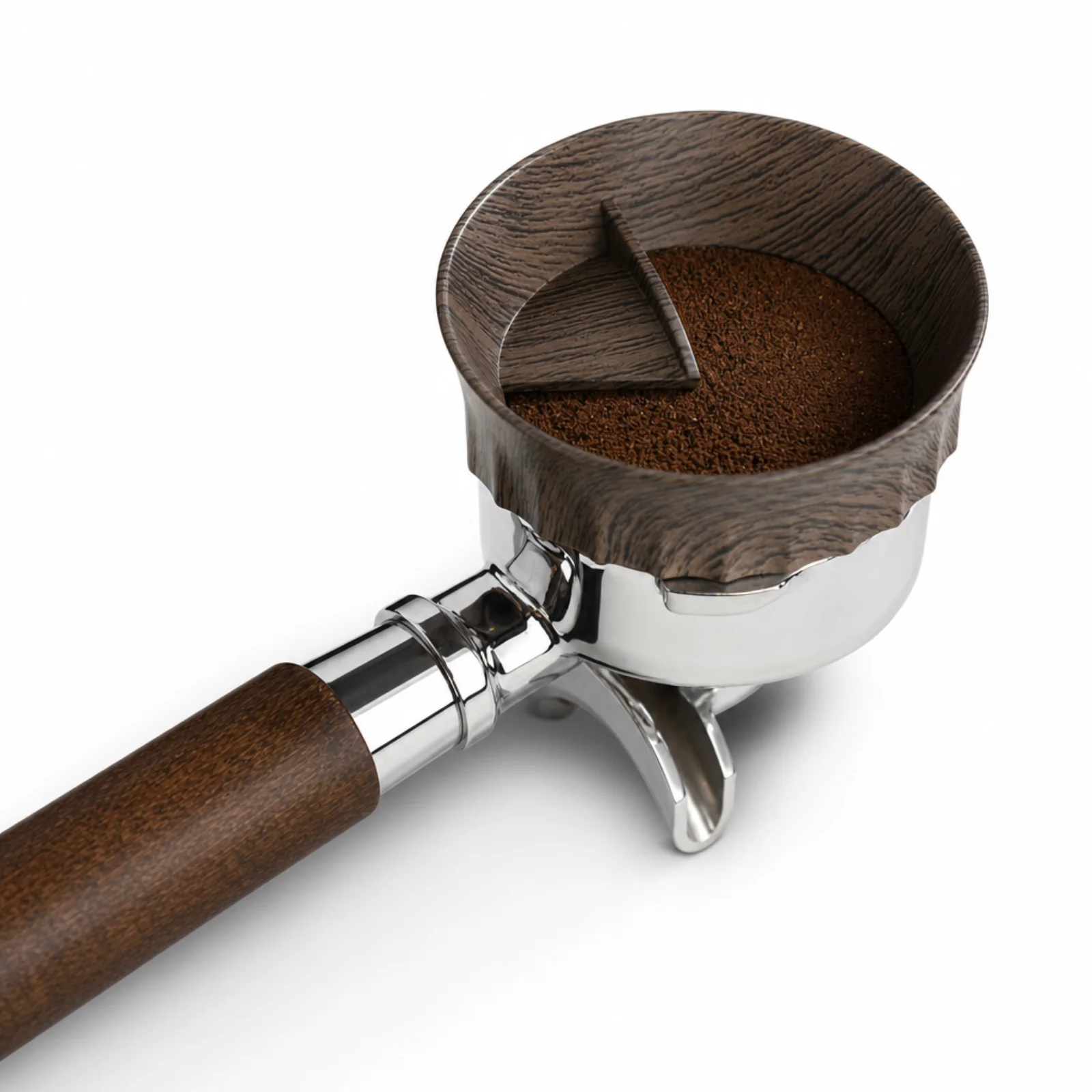 Angled view of the transparent Bincoo distributor funnel with wood-grain magnetic insert