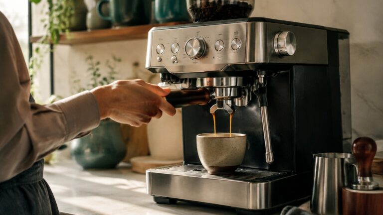 Cozy daily coffee ritual scene with a stainless espresso machine and fresh espresso on a linen counter