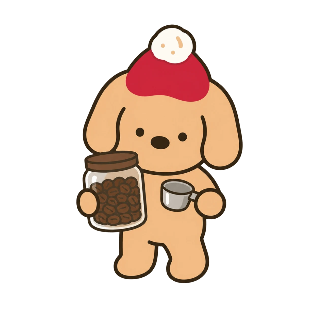 Coffee mascot holding a jar of whole coffee beans beside an espresso cup