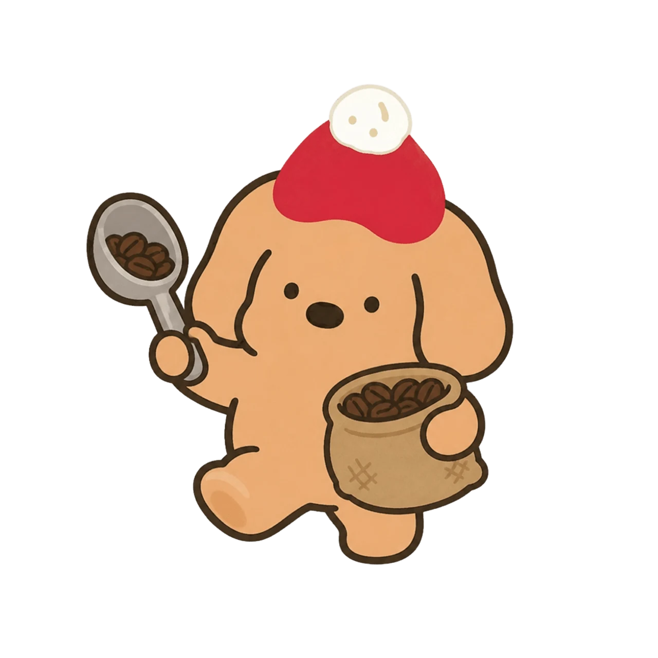 Coffee mascot scooping whole beans from a coffee bag