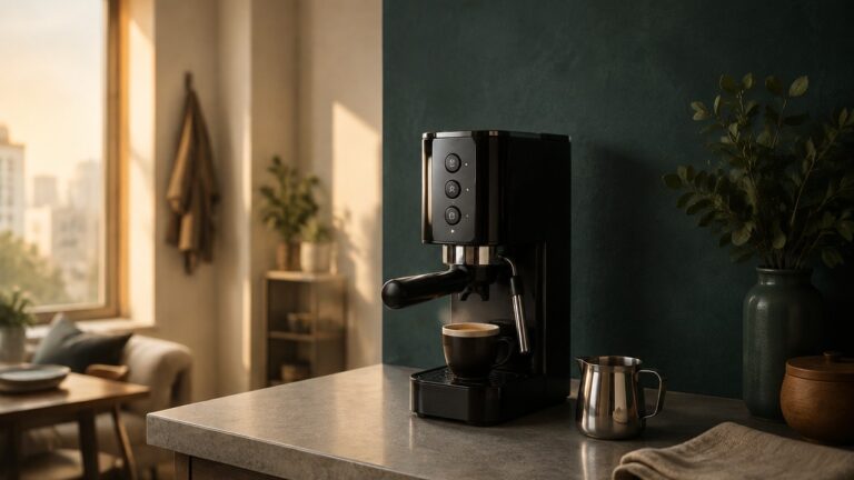 Slim compact espresso machine with a single-hole steam wand steaming milk in a pitcher, warm kitchen light