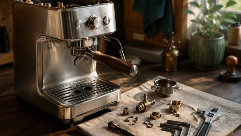 Stainless steel espresso machine on a workbench during a group head service with brass parts and tools on a linen cloth