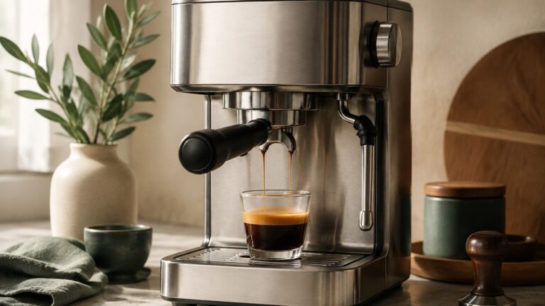 A bottomless portafilter with a precision basket resting beside a stainless steel espresso machine in a warm home kitchen