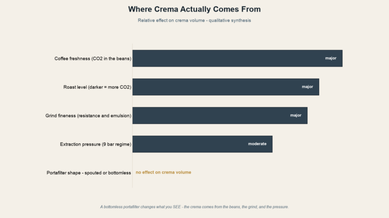 Chart of the real factors behind crema volume: coffee freshness, roast level, grind fineness, and pressure, with portafilter shape marked as not a factor