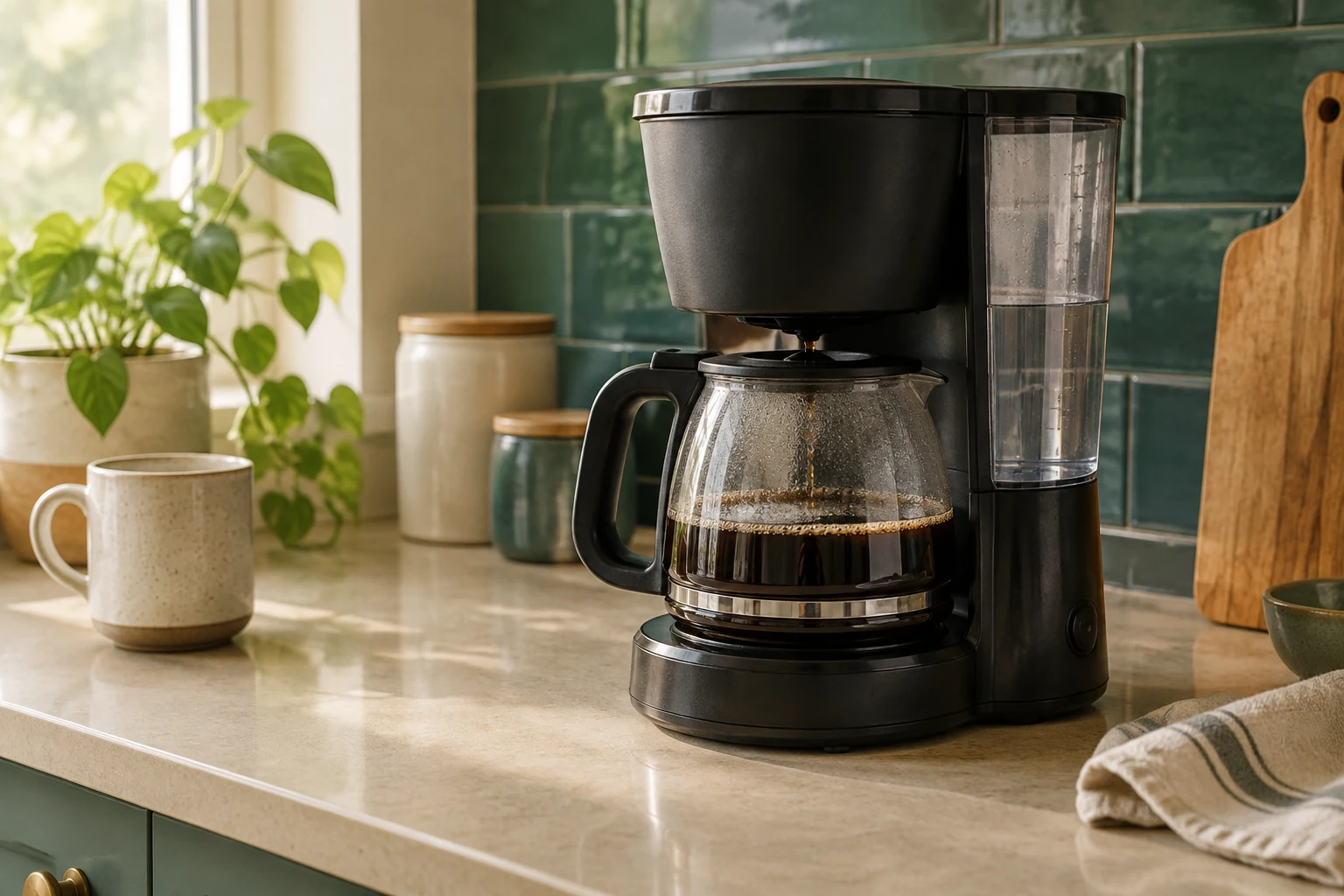 Brandless household automatic drip coffee maker brewing into a glass carafe