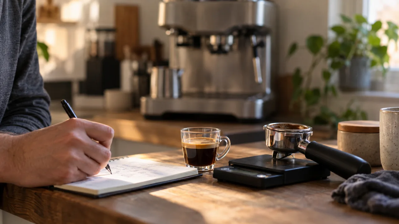 A home barista recording espresso-shot notes before deciding whether to modify a machine