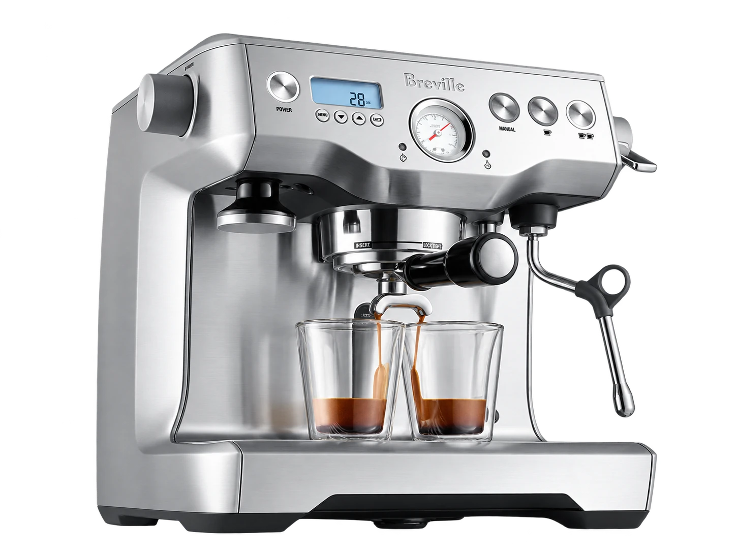 Illustration of a Breville Dual Boiler with two espresso glasses
