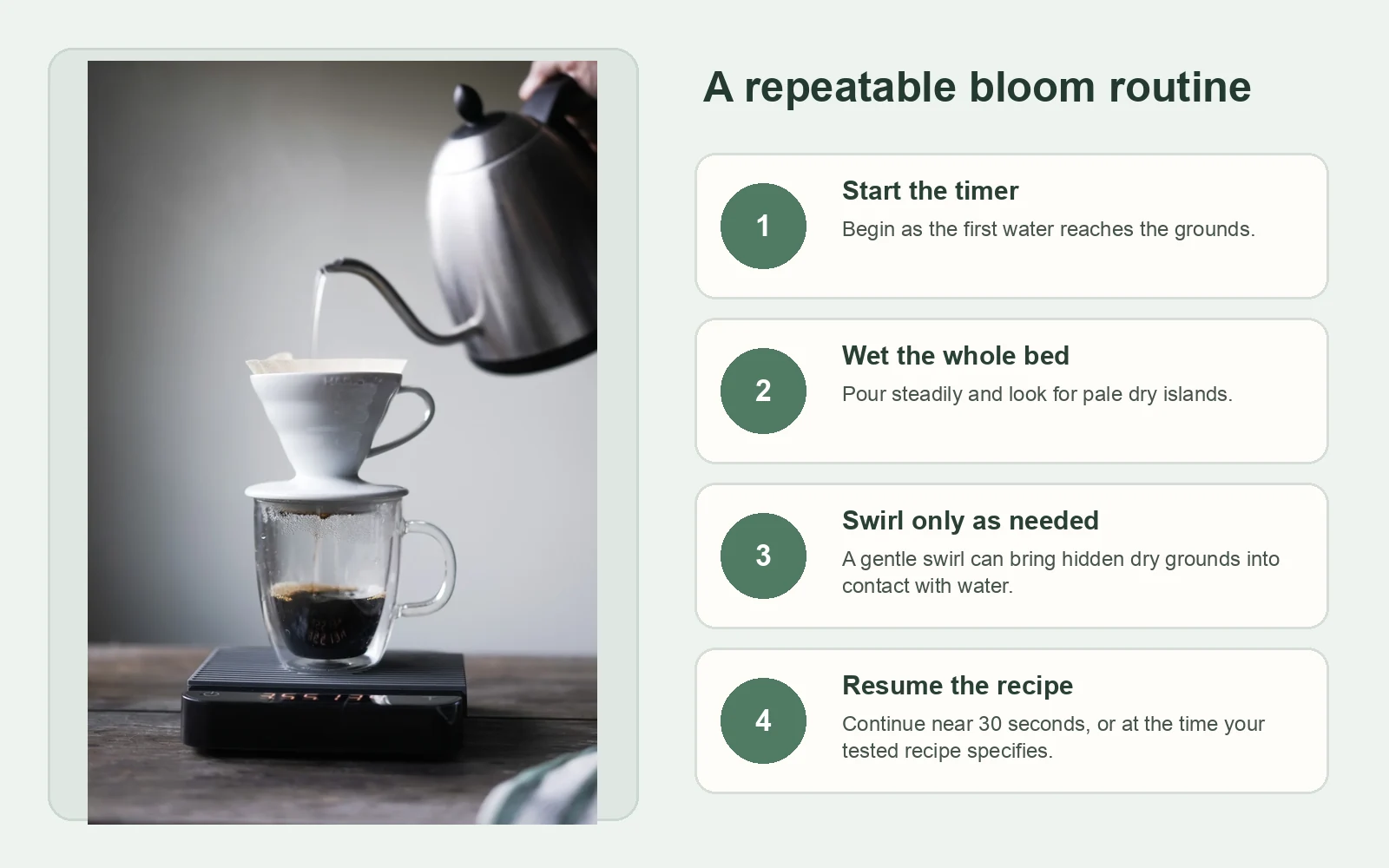 Four-step coffee bloom routine with a pour-over dripper, kettle and scale