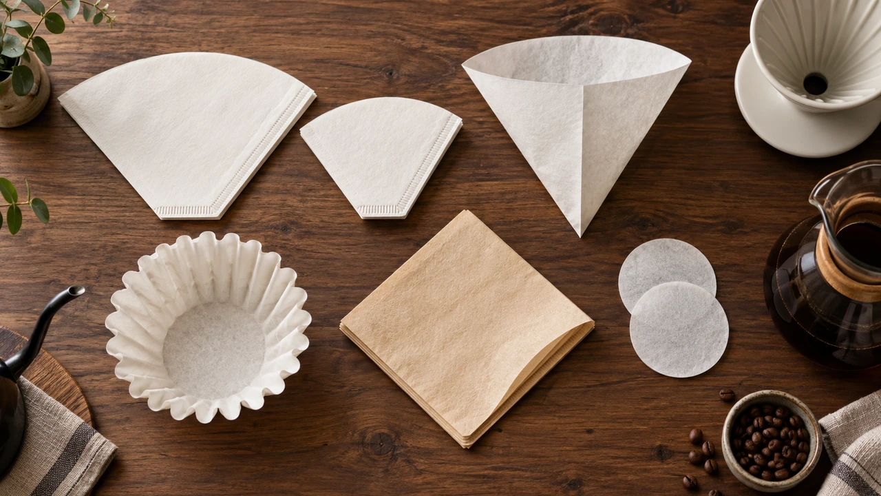 Assorted cone, basket, folded and round paper coffee filters arranged on a wooden table