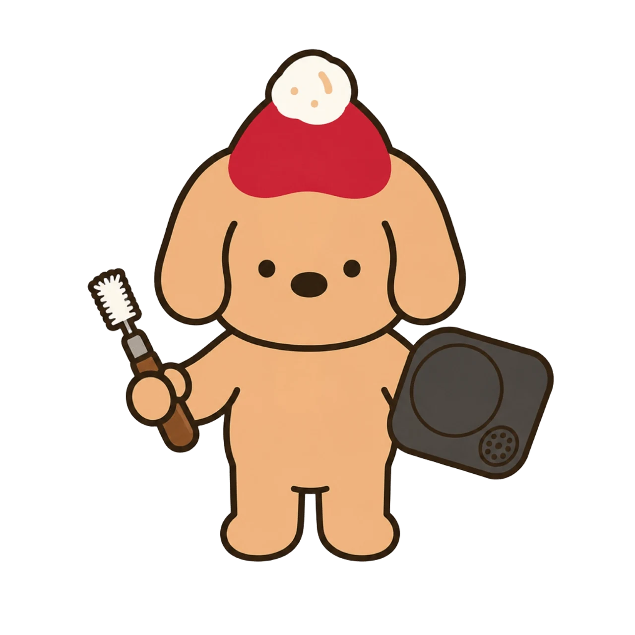 Coffee dog mascot with a cleaning brush