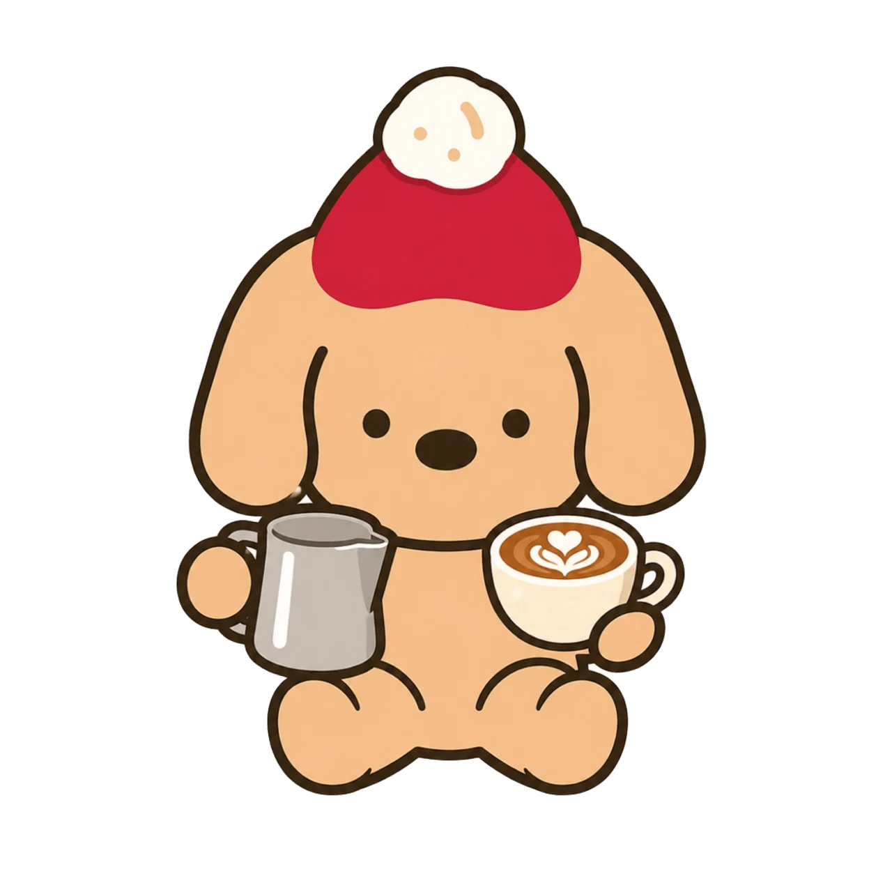 HBM coffee dog holding a milk pitcher and latte cup
