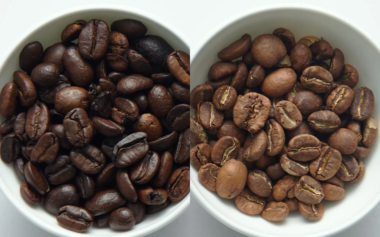 Light, medium and dark roasted beans showing different colors and surfaces