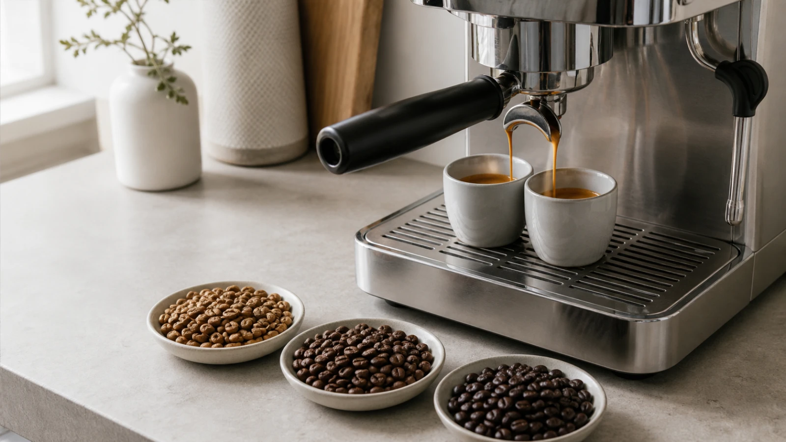 Home espresso machine pulling a shot beside coffee preparation tools