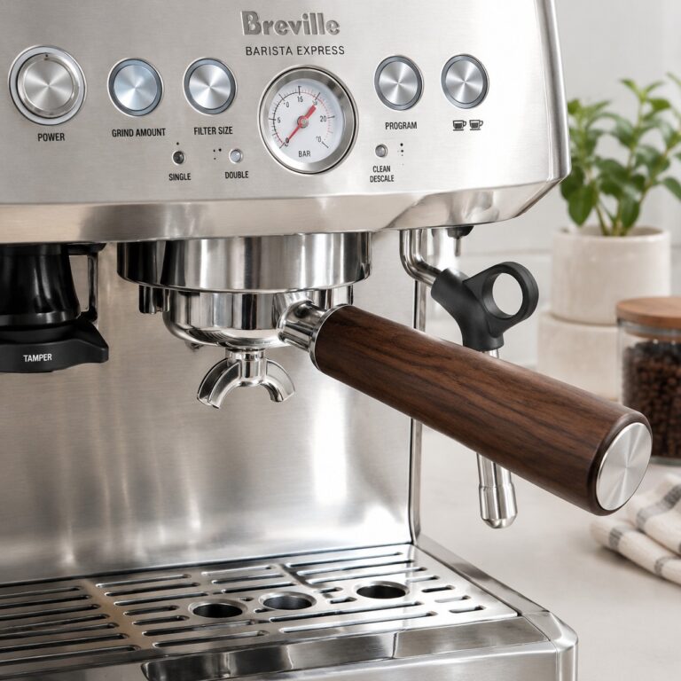 Breville Barista Express equipped with a bottomless portafilter on the brew head