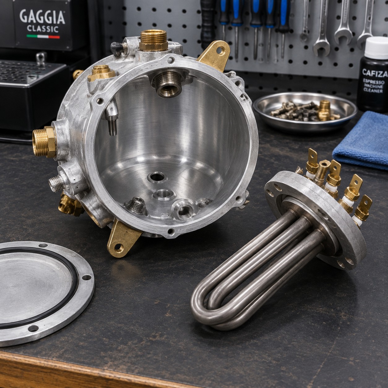 Gaggia Classic Pro espresso machine showing group head and chassis assembly