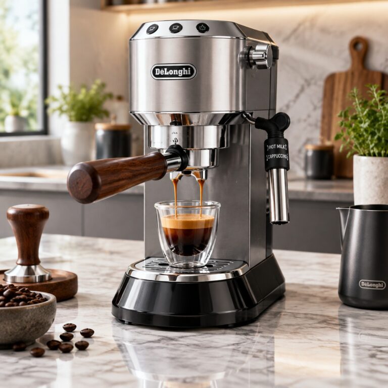 DeLonghi Dedica EC685 compact home espresso machine on kitchen counter