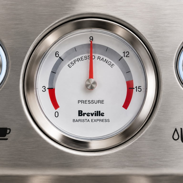 Breville Barista Express front pressure gauge highlighting the gray espresso extraction zone