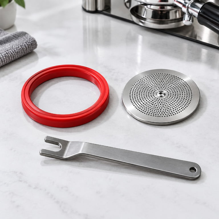 Rocket Appartamento showing chrome-plated E61 lever group head on granite counter