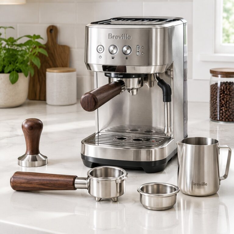 Compact Breville/Sage home espresso machine on kitchen coffee station
