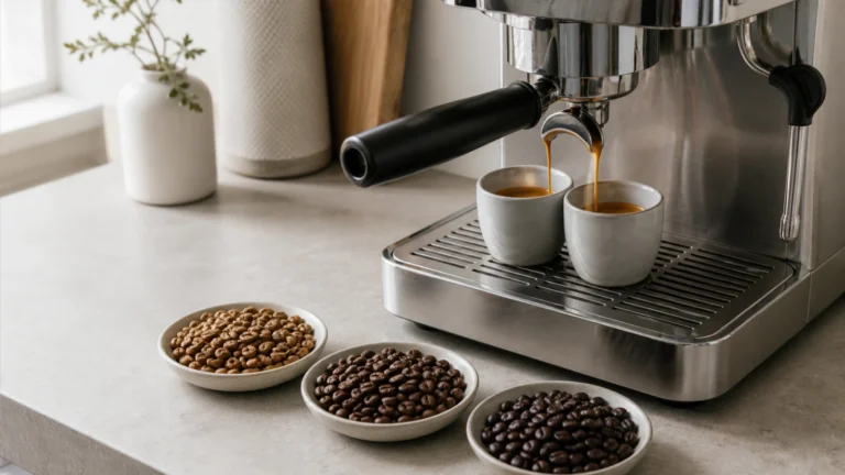 Home espresso station with a tamper beside the machine