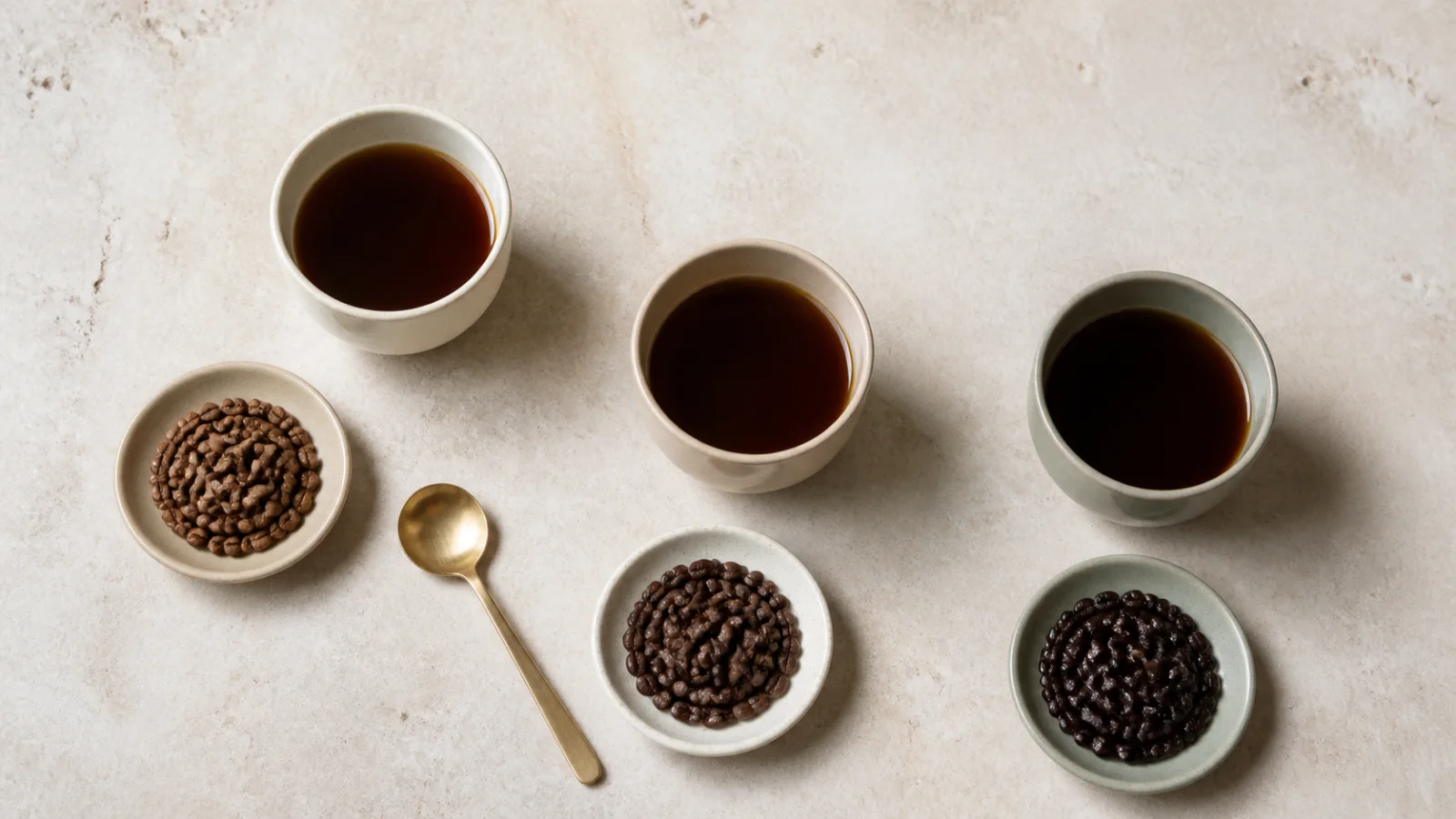 Coffee tasting cups with bowls of roasted beans