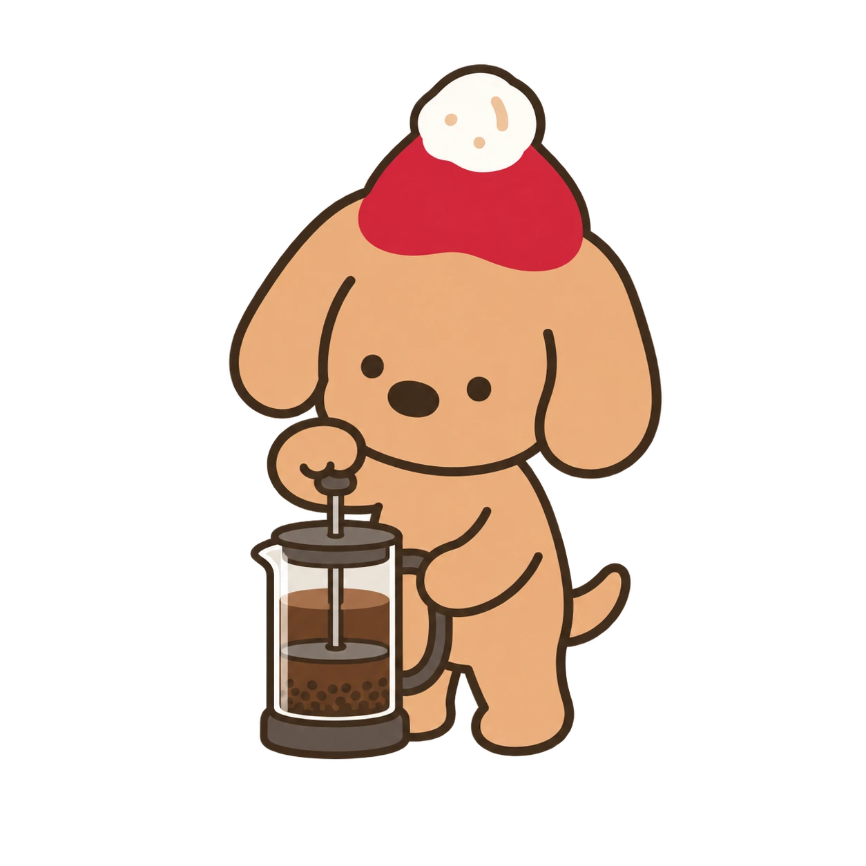Small dog checking settled grounds in a French press